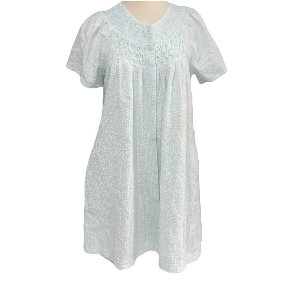 Miss Elaine Seersucker Embroidered Short Sleeve  Robe Blue & White Gingham Med